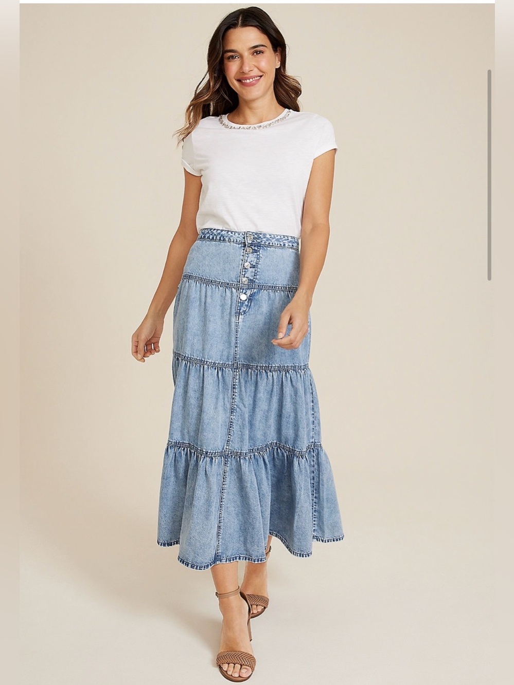 Button Fly Tiered Nonstretch Denim Maxi Skirt